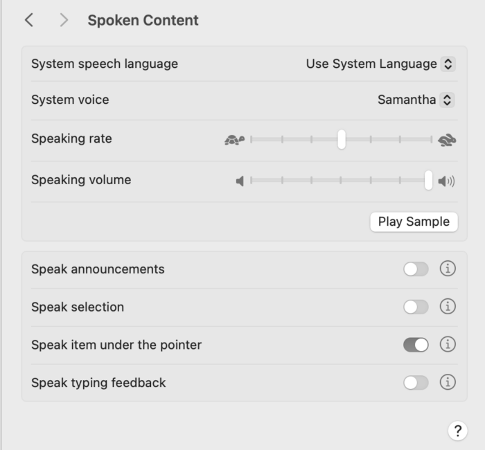 Screenshot of Spoken content settings with speak item under pointer as an option